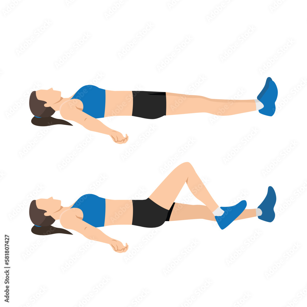 Woman doing Laying heel slides or knee bends exercise. Flat vector illustration isolated on white background Woman doing Laying heel slides or knee bends exercise. Flat vector illustration isolated on white background
