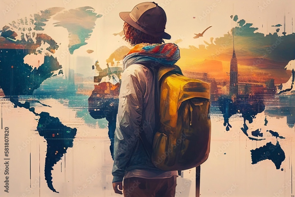 A guy is traveling with a backpack. AI Generated.