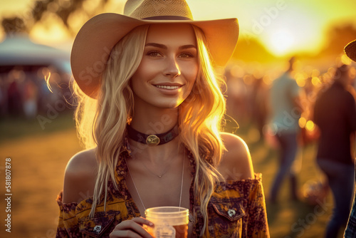 Beautiful girl with a glass of drink at the hot summer vacation open air festival concert. Sunset light photo