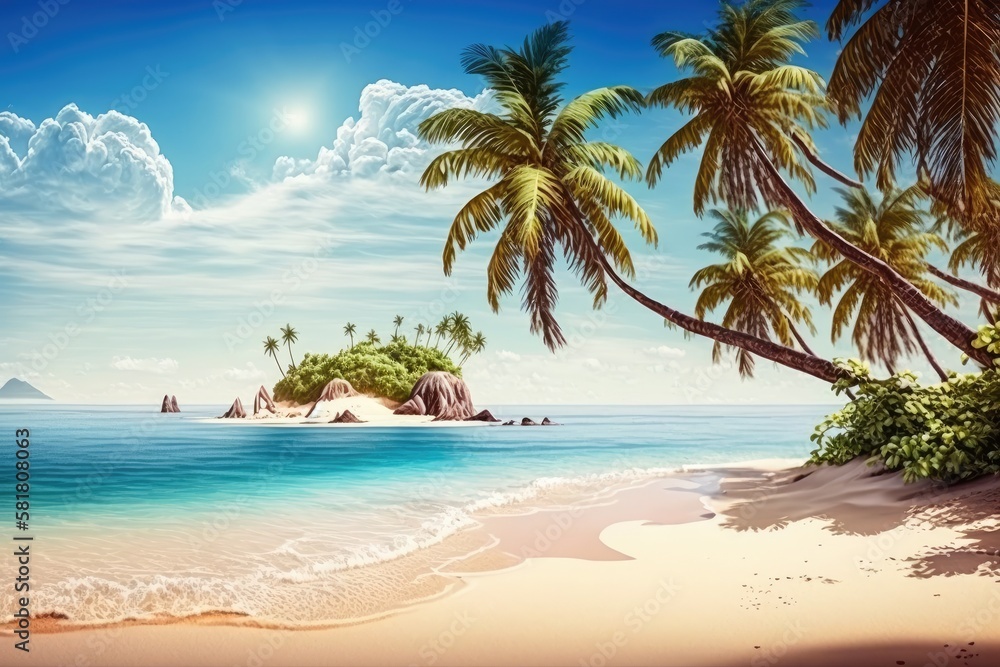 best summertime beach scenery. a calm tropical island, a coastline of paradise, a sea lagoon, the horizon, palm trees, and a sunny sky above waves of sand. Stunning landscape from a vacation. beautifu