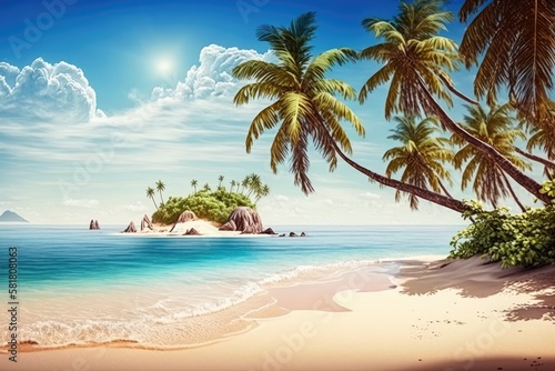 best summertime beach scenery. a calm tropical island  a coastline of paradise  a sea lagoon  the horizon  palm trees  and a sunny sky above waves of sand. Stunning landscape from a vacation. beautifu