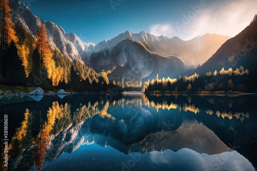 Sunrise at Jasna Lake in Slovenia's Kranjska Gora National Park. Amazing autumn scenery featuring the Alps, trees, a blue sky with clouds, and a reflection in the water, a well known tourist destinati © AkuAku