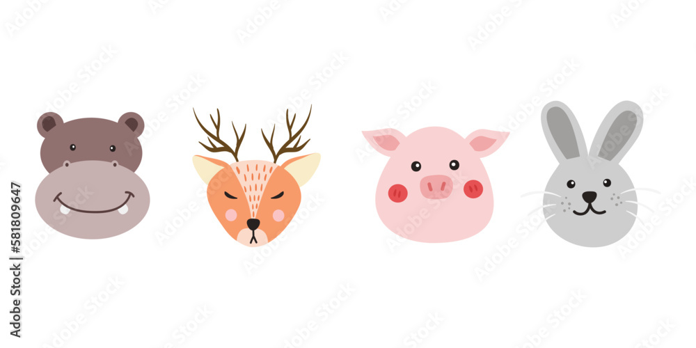 Fototapeta premium Cute Baby Animal Face Illustration. Exotic and cute animal face. Characters portrait cute animal face on white background.