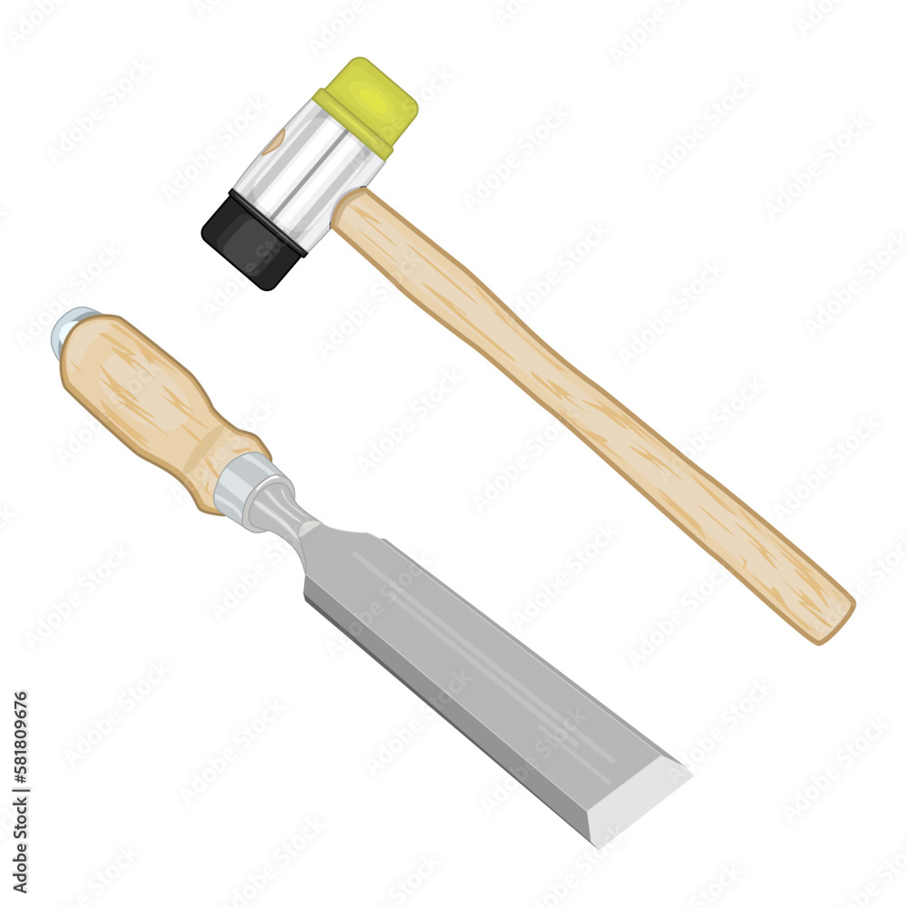 Chisel and mallet isolated on white background. Rubber hammer and chisel with wooden handle. Woodwork and carpentry hand tools set. Joinery instrument. Wood carving equipment.Stock vector illustration