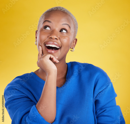 Konstfotografi Wow, thinking and aha with a black woman in studio on a yellow background looking thoughtful or surprised