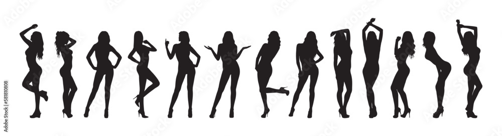 Set of girls women sexy posing gestures set vector silhouette. - obrazy, fototapety, plakaty 
