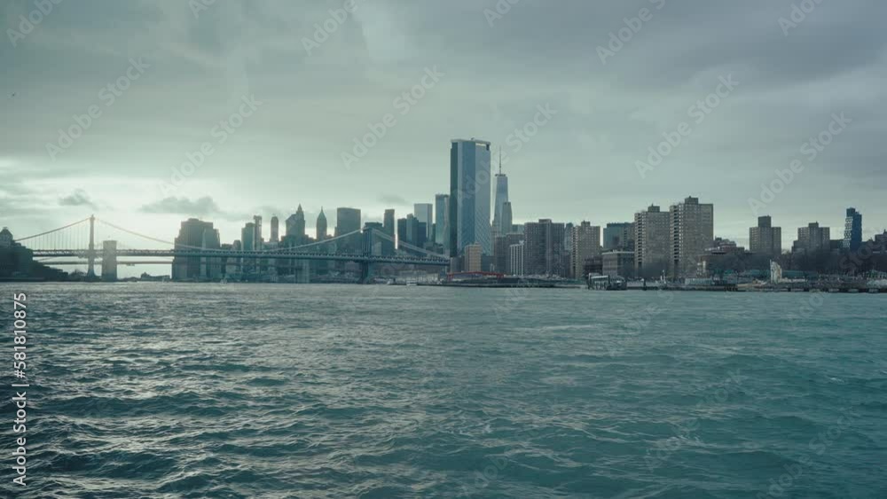 Manhattan financial district, tracking shot from the boat, New York Manhattan financial district, tracking shot from the boat, New York