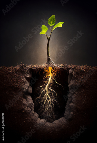 Flower plant seedling showing green growth while expanding its root system which could be used to outline economic recovery or business investment, computer Generative AI stock illustration image