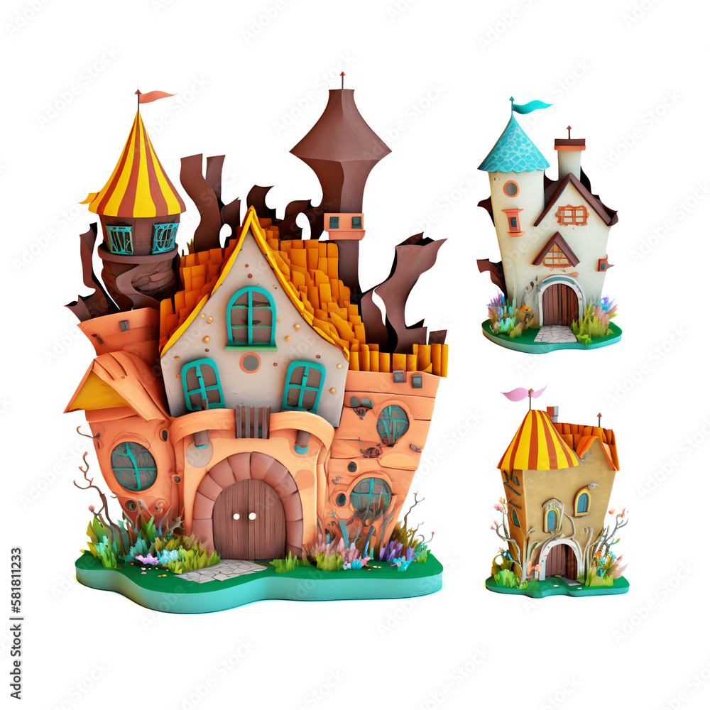 Whimsical plasticine 3D houses sculptures clipart illustrations isolated on white background AI generated