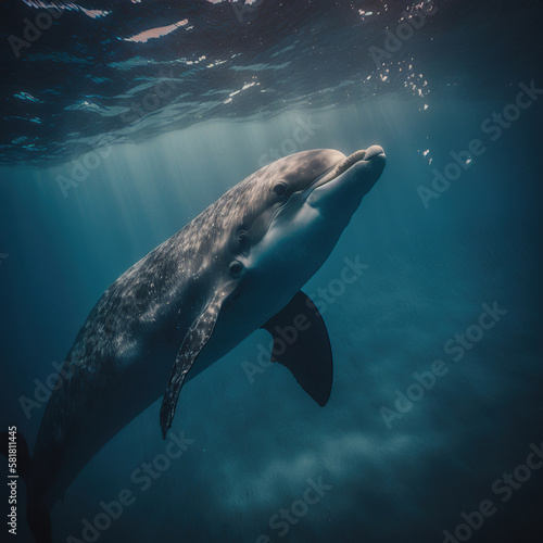 Enchanting Views of Dolphins Underwater with a Stunning Sea Background, generative ai