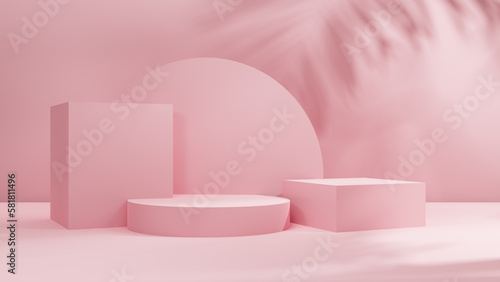 3d cylindrical and cube podium stage with palm leafs shadows and beautiful light for cosmetic products and advertising. 3d white minimal abstract background for product display presentation showcase