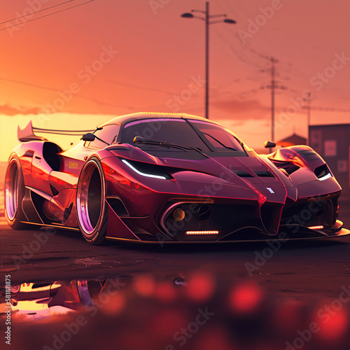 The Future of Speed, Prototyping a Ferrari with a Striking Sunset Background,...