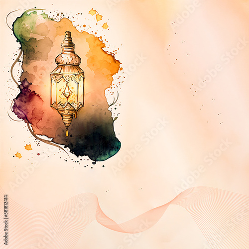 Ramadan Kareem watercolor lamp Image for social media banner design. Generative AI Design