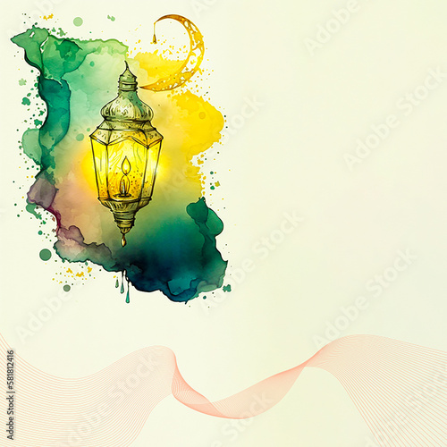 Ramadan Kareem watercolor lamp Image for social media banner design. Generative AI Design