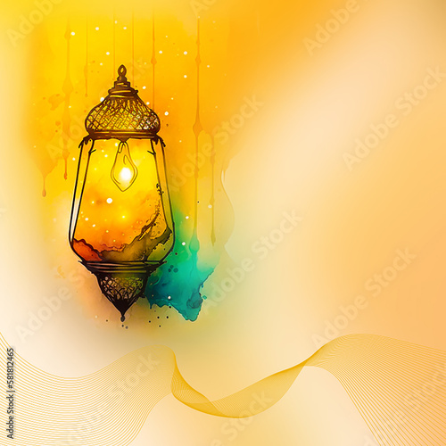 Ramadan Kareem watercolor lamp Image for social media banner design. Generative AI Design