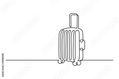 Suitcase in continuous line art drawing style. Wheeled luggage valise black linear sketch isolated on white background. Vector illustration