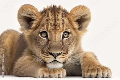 Looking ahead while lying down, a young African lion cub. Alone on White. Generative AI