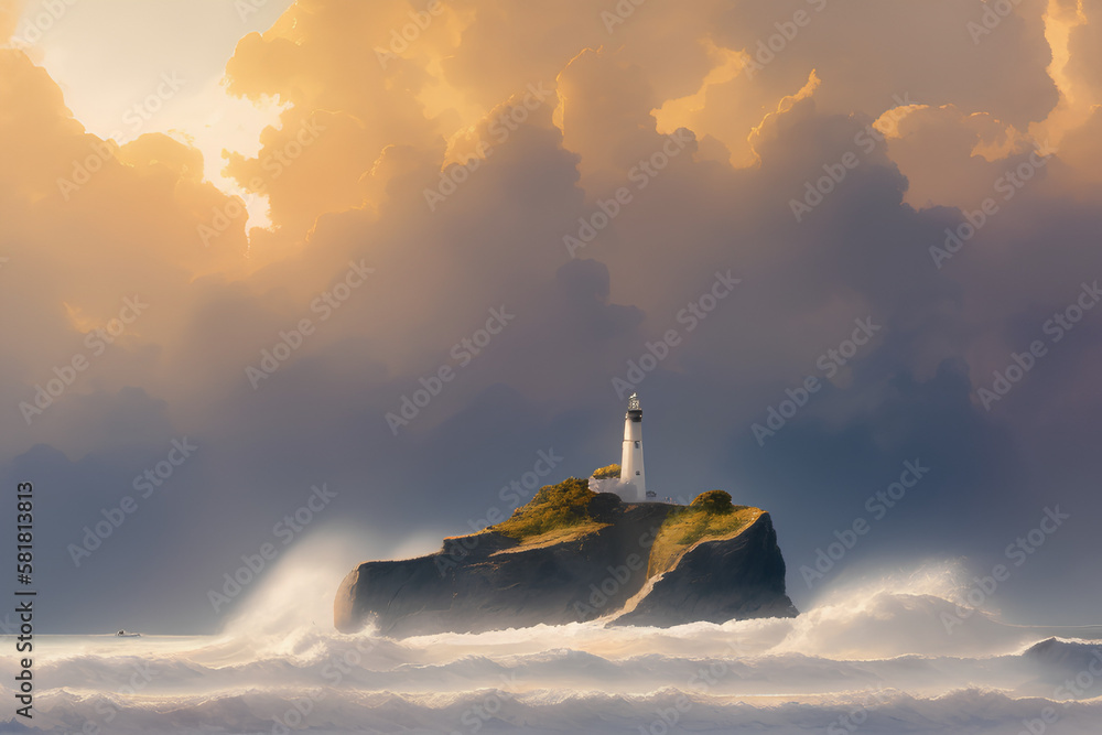 A dramatic seascape, with towering waves crashing against jagged cliffs and rocky shores and a lighthouse in the middle