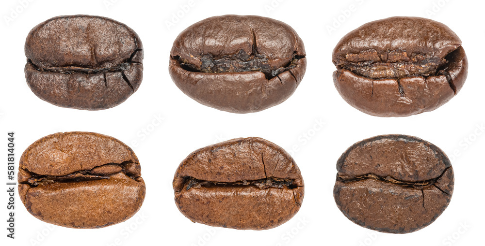 Set of isolated roasted coffee beans, macro flat lay view from above with fine details Set of isolated roasted coffee beans, macro flat lay view from above with fine details