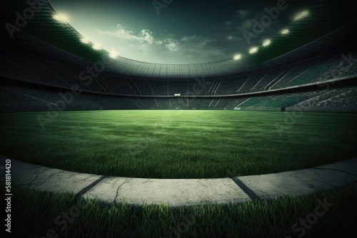 green field in soccer stadium. ready for game in the midfield. Generative AI © AkuAku