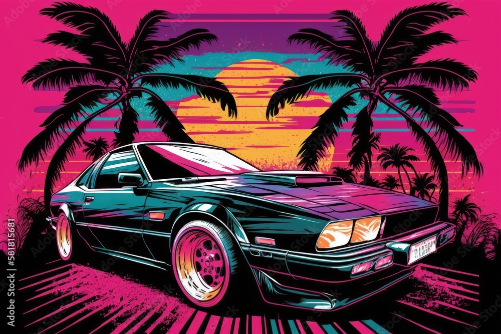 Sports automobile against a retro wave background with palm trees lining the route. artwork in the 80s fashion. Generative AI