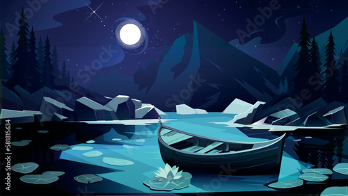 night landscape of a mountain lake with a boat in the middle