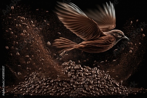 Brown  roasted coffee beans are dropping onto a mound. represent a great scent  energy  or breakfast  Close up of a bird flying over a dark background. Generative AI