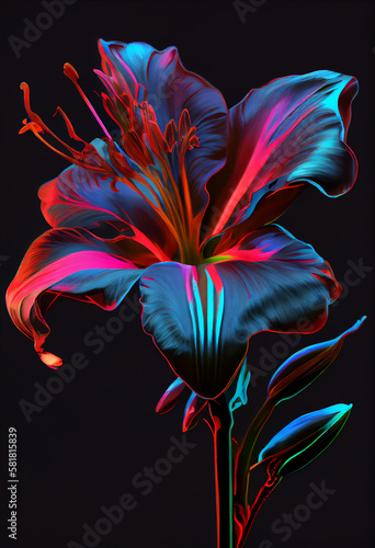 Vibrant Neon Lily on dark background - AI Generative 