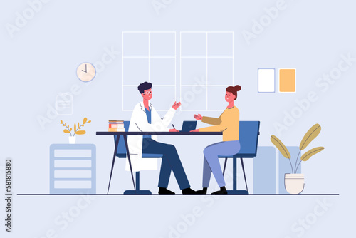 Medical concept. doctor with woman patient in flat cartoon on hospital hall. Vector illustration