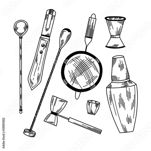 A set of bar accessories. Barspoon, Boston Shaker, Channel Knife, Strainer, Jigger.
