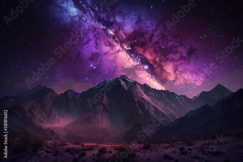 purple night sky stars. Milky way galaxy across mountains. Generative AI