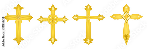 Cross golden 3D design element vector and isolated religion symbol set. photo