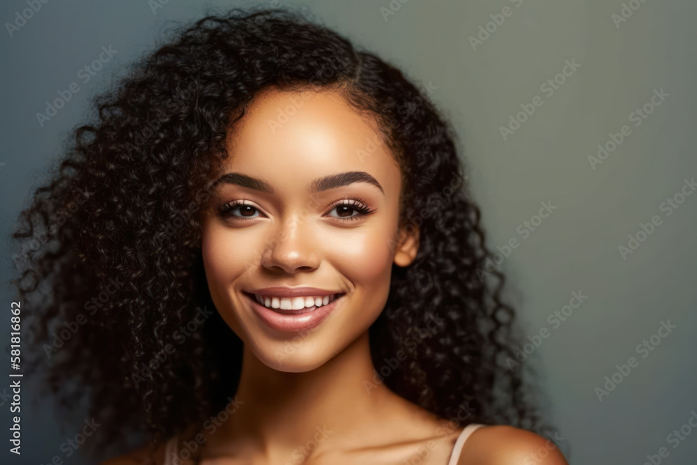 Beautiful portrait of an ethnic model with healthy skin on a light background. Lifestyle and cosmetics. Smiling beautiful girl. curly hair.generative AI Beautiful portrait of an ethnic model with healthy skin on a light background. Lifestyle and cosmetics. Smiling beautiful girl. curly hair.generative AI