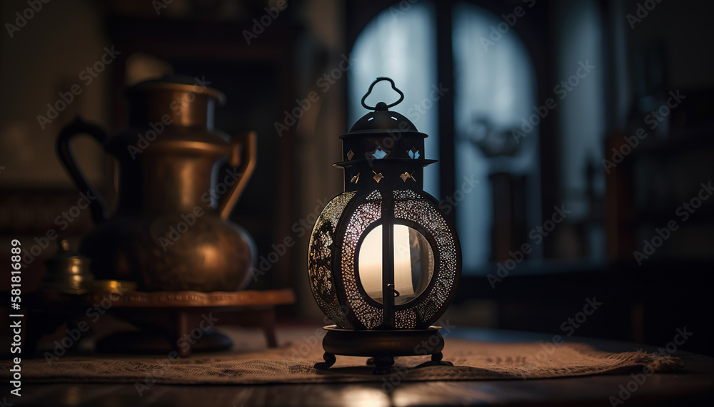 Ornamental Arabic lantern with burning candles glowing at night. Muslim holy month ramadan kareem