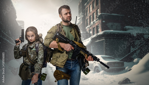 Artwork of young girl and military man holding guns against snowy city.