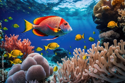 Red tropical fish and shallow coral reef. swimming fish and yellow corals. photographing marine life underwater while snorkeling. Caribbean seascape. Generative AI photo