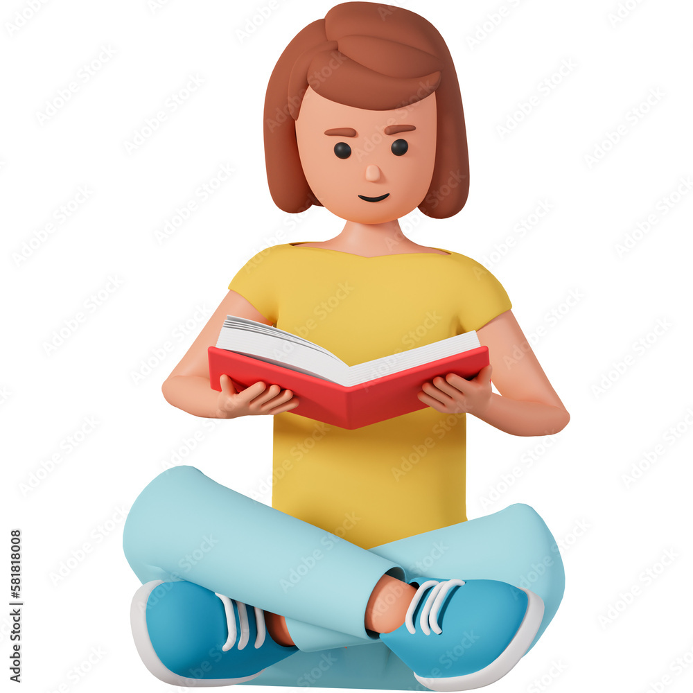 Sitting woman reading book in her hand front view 3d illustration. Adult girl sitting in lotus pose and reading book 3d illustration Sitting woman reading book in her hand front view 3d illustration. Adult girl sitting in lotus pose and reading book 3d illustration