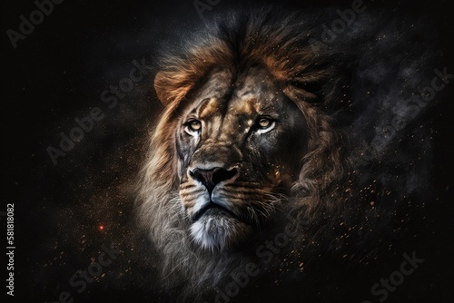 Beautiful Lion Portrait with Lion in the Dark. Generative AI
