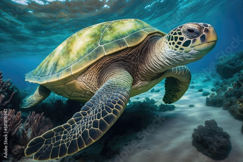 On the ocean floor  a green turtle. Generative AI