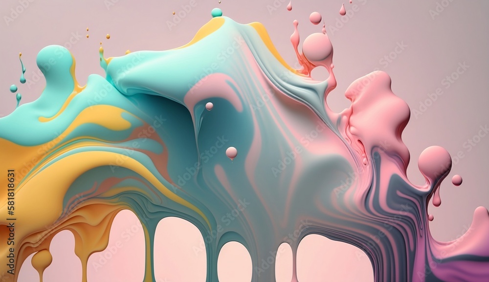 Background of liquid pastel colors. Liquid pastel wallpaper. Liquid pastel paints mixing while falling. Paints and colored drops. Generated by AI.