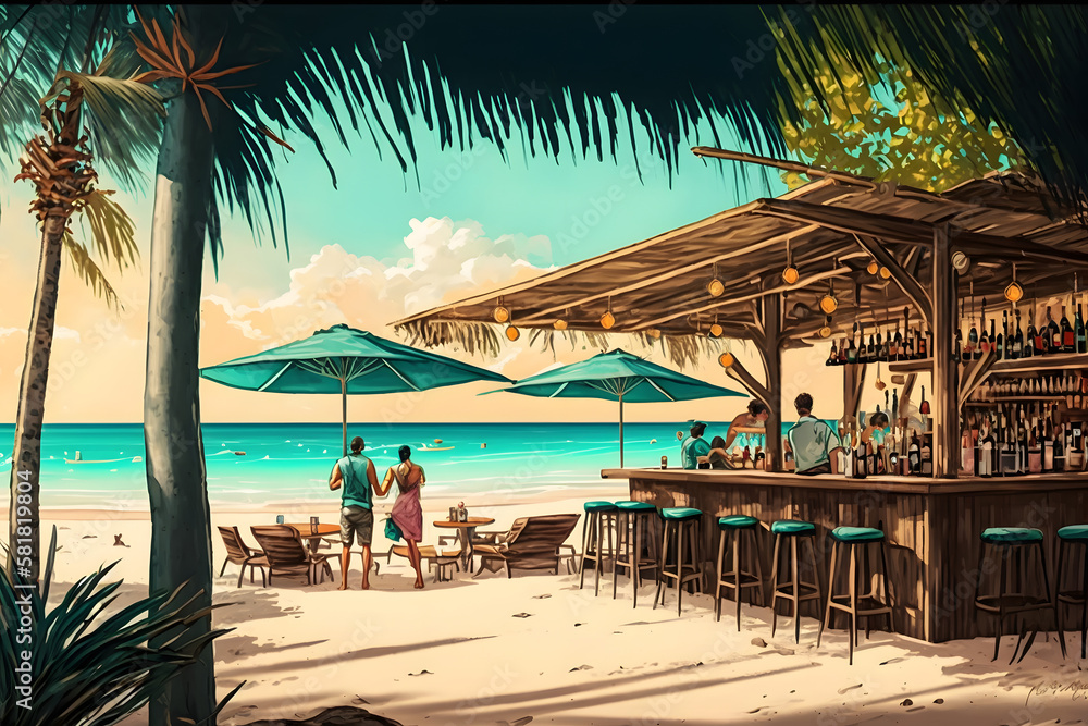 Summer beach bar with people. Generative AI