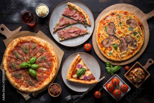 assorted foodset on table. Pizza Quattro formaggi on the Rome dough, pizza with parma ham, burges, shrimps, steak ribeye, french fries top view food. Generative AI