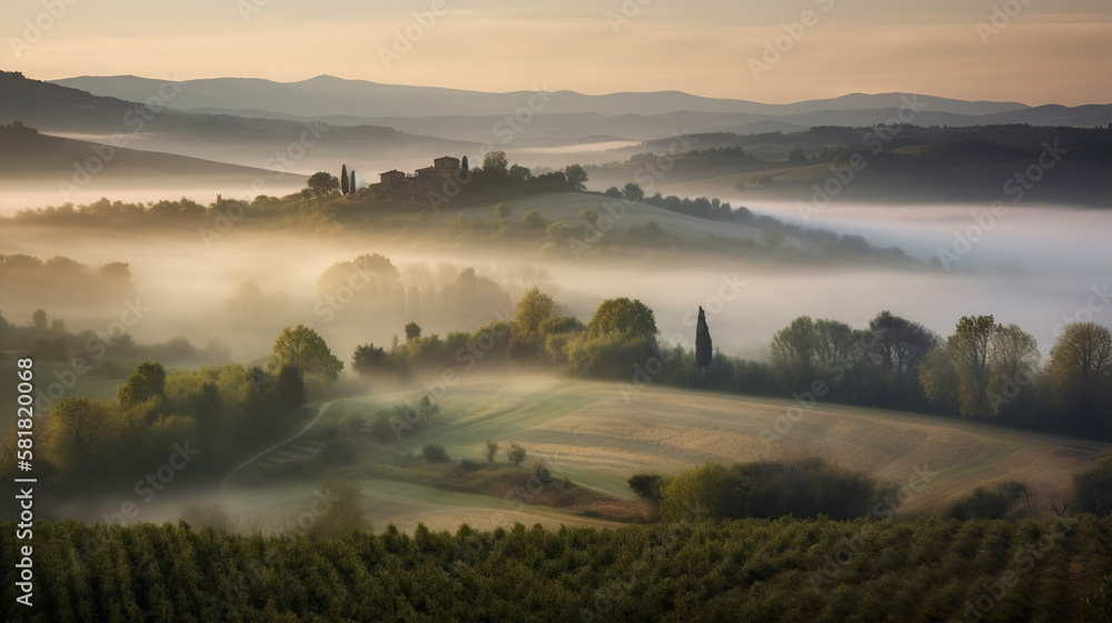 Picturesque misty landscape of Tuscany, Italy. Based on Generative AI