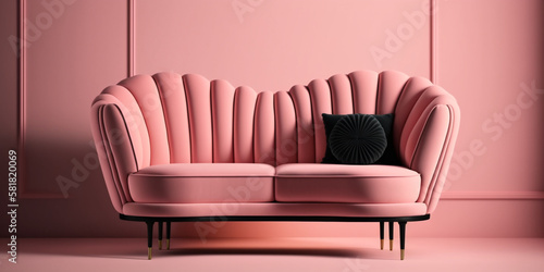 Modern Glamour: A Comfortable and Fashionable Pink Sofa with Beautiful Cushions in a Luxury Concept Art Room. AI Generated Art.