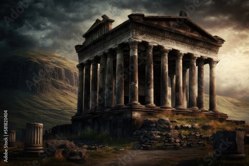 Ancient Zvartnots temple columns and ruins, a famous monument in Armenia. Generative AI