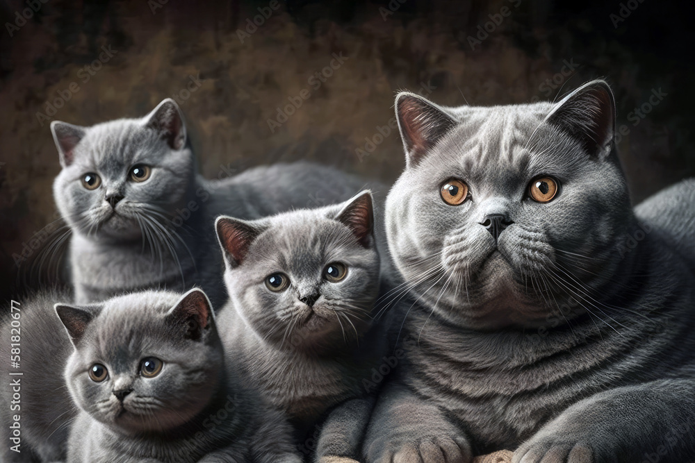  British Shorthair Cat With Four Pups Lying. Generative AI