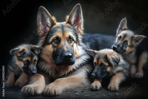  German Shepherd With 3 Puppies Lying On The Floor. Generative AI