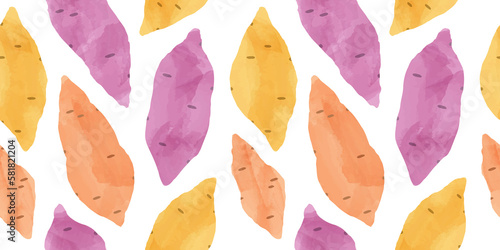 Sweet potato vegetable watercolor drawing seamless pattern. Natural organic cooking ingredient background for restaurant, food recipe or healthy eating concept.