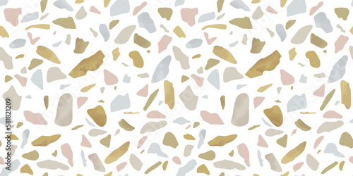 Terrazzo flooring seamless pattern with colorful marble rocks. Classic interior material background of mosaic stone. Trendy fashion print wallpaper for textile project or web backdrop. 