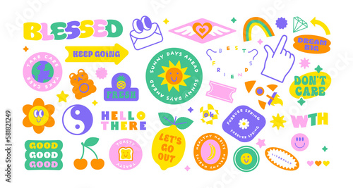 Colorful retro cartoon label shape set. Collection of trendy vintage y2k sticker shapes. Funny soft pastel color quote sign bundle. Cute children icon, fun patch illustrations. 